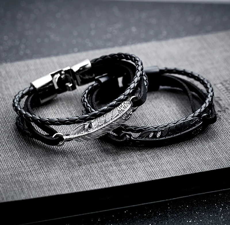 NIUYITID Feather Bracelet Man Leather Alloy Metal Charm Braslet For Men Handmade Friendship Bracelets & Bangles (6)