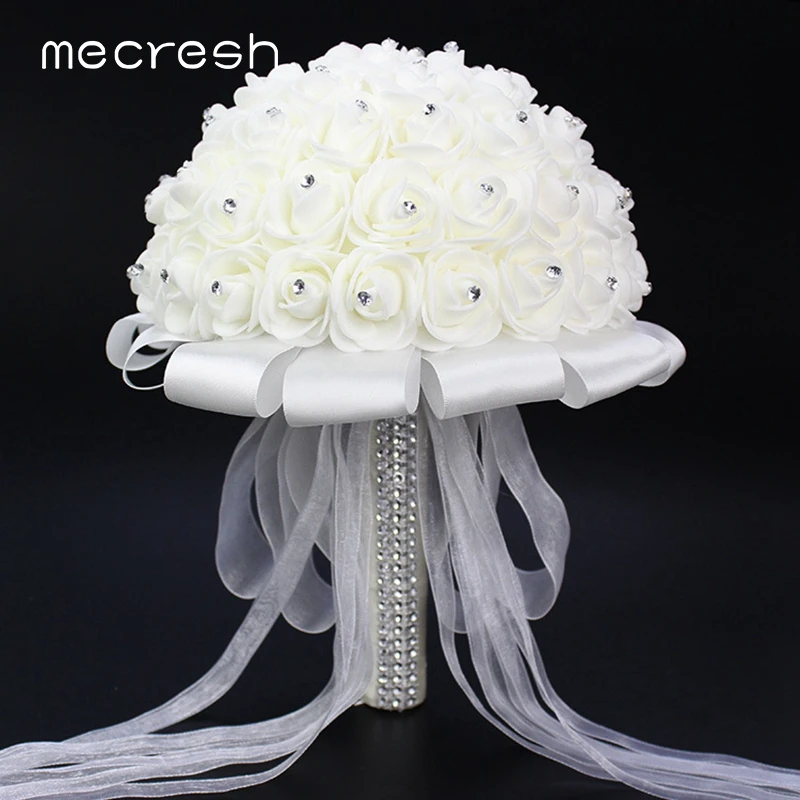 Mecresh горный хрусталь Букеты Свадебные для невесты белый искусственный цветок розы Кристалл Свадебный букет свадебные аксессуары, букеты