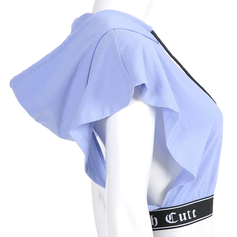 Summer Backless Hooded Cotton Loose Short Sleeve Oversize Letter Printed Patchwork Women Korean Summer Tops