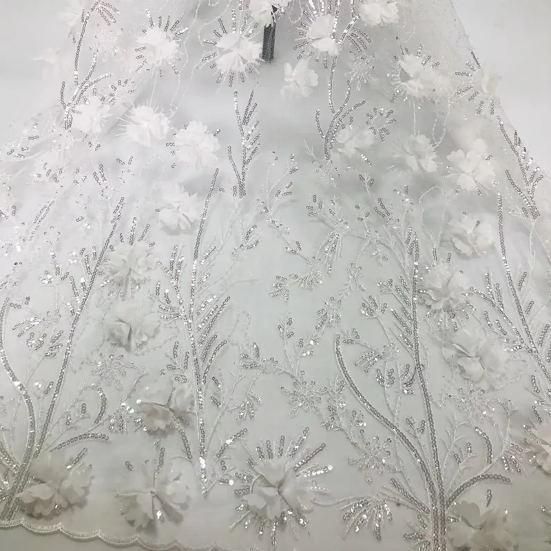 

African Lace Fabric 2019 High Quality Lace White 3D flowers French Lace Fabric Tulle Nigerian Sequin Lace Fabrics RG895