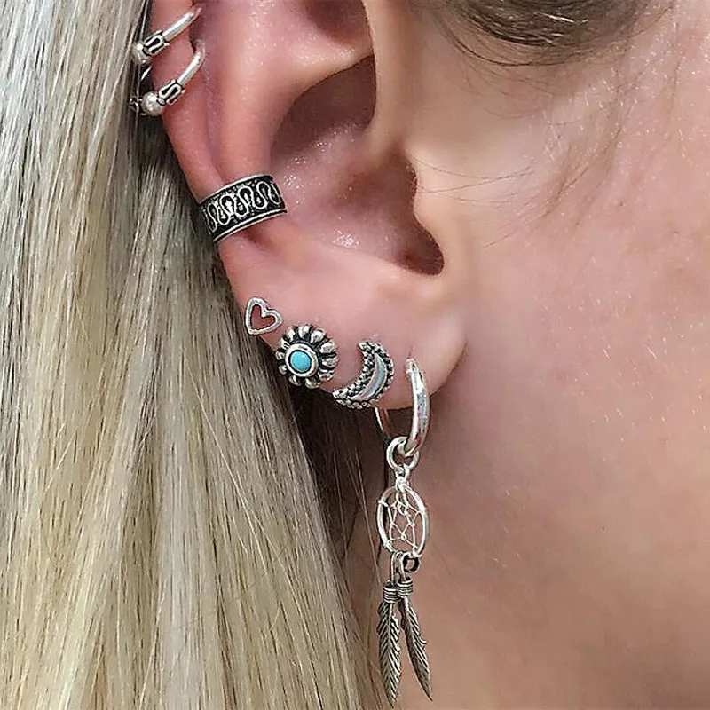 

7pcs/Set Hoop Earrings Vintage Ethnic Exaggerated Silver Hoop Earrings Sets Women Retro Jewelry C clip Moon Heart Dreamcatcher