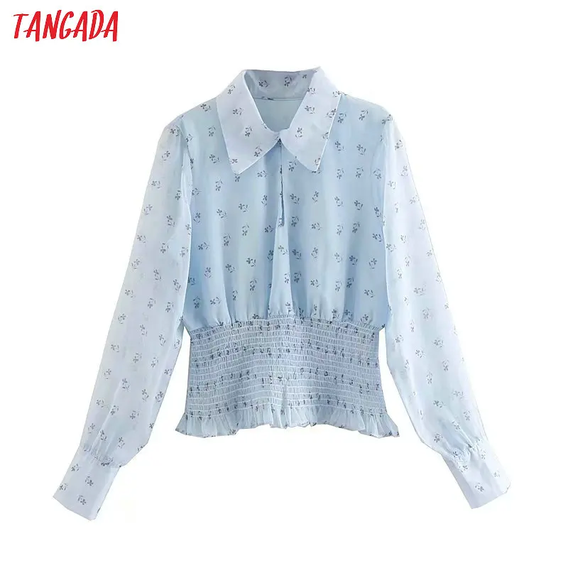 

Tangada women chic blue chiffon blouse stretch waist long sleeve peter pan collar female print shirts stylish tops blusas OZ278