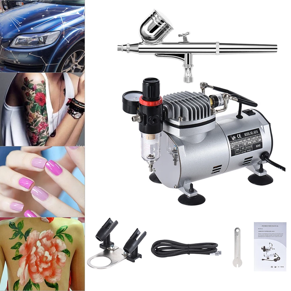 

Nasedal NT-06 Airbrush Compressor Kit Dual-action Gravity Feed Airbrush 0.3mm Nozzle for Model Tattoo Makeup Cake Body Art