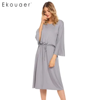 

Ekouaer Vintage Nightgown Women Sleepwear V-Neck 3/4 Sleeve Drawstring Waist Solid Loose Midi Nightdress Casual Loose Home Dress
