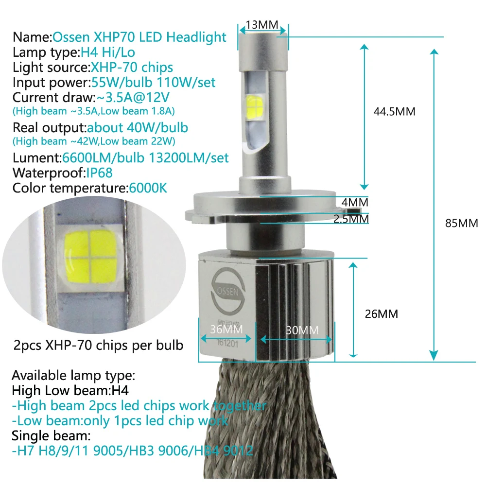 P70 XHP70 Автомобильный светодиодный фар H4 Hi короче спереди и длиннее сзади) 55 Вт XHP-70 чипы 6600LM H4-3 высокое ближнего света фары мотоцикла лампы H7 H11 9005 9006 9012