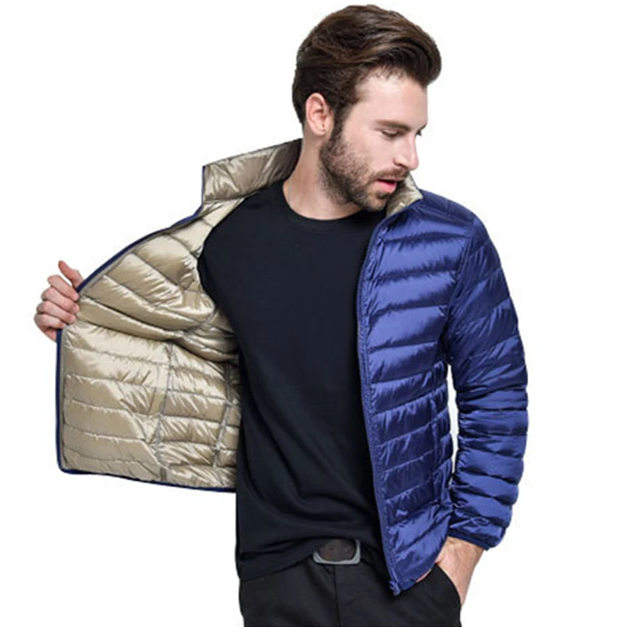 

Two-side Wear Duck Down Jacket Men 90% Content Thin Ultra Light Down Jacket Winter Long Sleeve Solid Winter Coats Pocket Fashion