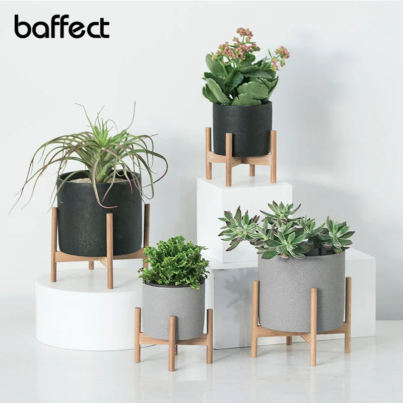 

Baffect Nordic Desktop Cement Flower Pot with Wood Pot Bracket Plant Pot for Garden Living Room Office Home Decoration Decor