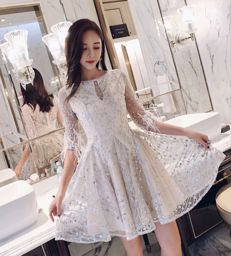 

2019 Women half sleeve Solid Lace Vintage High-Waist Pleated Dress Short birthday princess dress