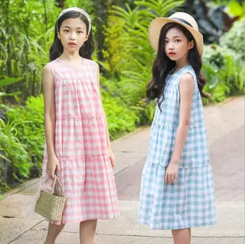 

2019 Korean style girls plaid dress fashion summer cotton girls dresses 6-11t B436