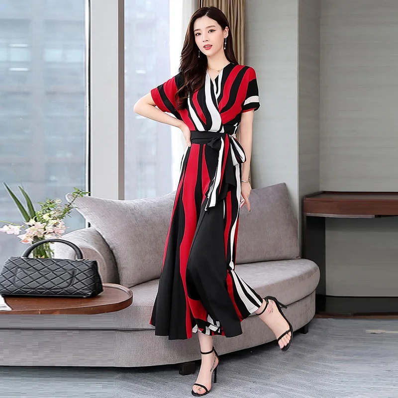 

2 Piece Set Women V-neck Blouse And Wide Leg Pant Sets 2019 New Summer Office Work Wear Casual Chiffon striped Pants Suits