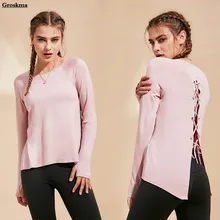 Новое поступление, женская футболка для йоги, с длинным рукавом, с повязкой на спине, фитнес, спортивная одежда для тренажерного зала, топы, одежда, Женская футболка для йоги, женская рубашка