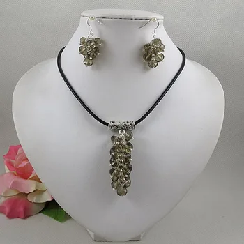 

Unique Pearls jewellery Store,Black Leather Crystal Beads Grape Necklace 925 Silver Dangle Earrings,Perfect For Woman Gift