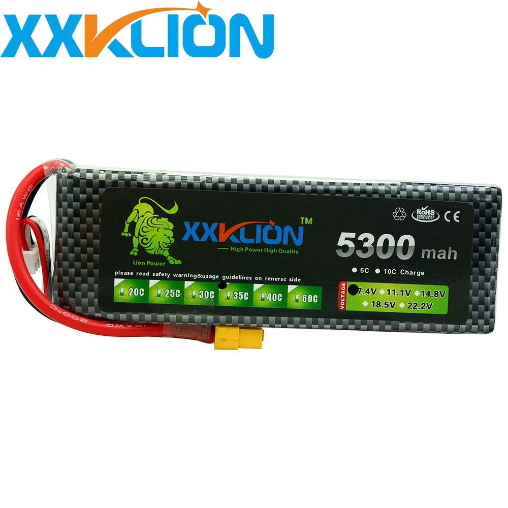 

XXKLION 7.4v 2S 5300mah 35c drone Lipo Battery pack Helicopter Car Boat Quadcopter Remote Control toys Battery free shipping
