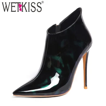 

WETKISS Mix Color Print Pu Ankle Boots Women Stiletto Heels High Booties Ladies Pointed Toe Shoes Female Zip Party Shoes Winter