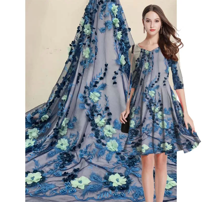 

New French net lace fabric 3D handmade flower African tulle mesh lace fabric high quality Nigeria lace fabric 0512130