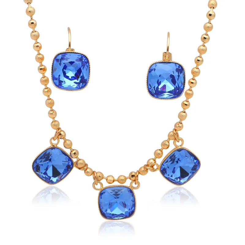 Лидер продаж серьги золотые тона Цепочки и ожерелья кулон синий CZ Кристалл Модные украшения для женщин JSS595