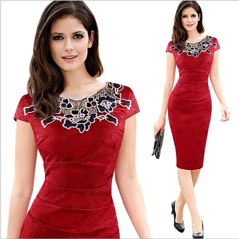 2019 New Womens embroidery Elegant Vintage Dobby fabric Hollow out embroidered Ruched Pencil Bodycon Evening Party Dress