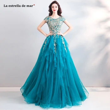 

Vestidos de gala new Scoop neck short-sleeved tulle gold applique ALine teal green prom dress long real photo gala jurken custom