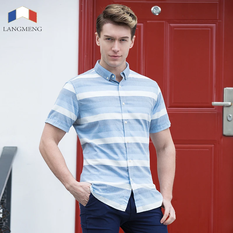 Langmeng 2017 Brand 100 Cotton summer Slim Fit Casual Shirts short