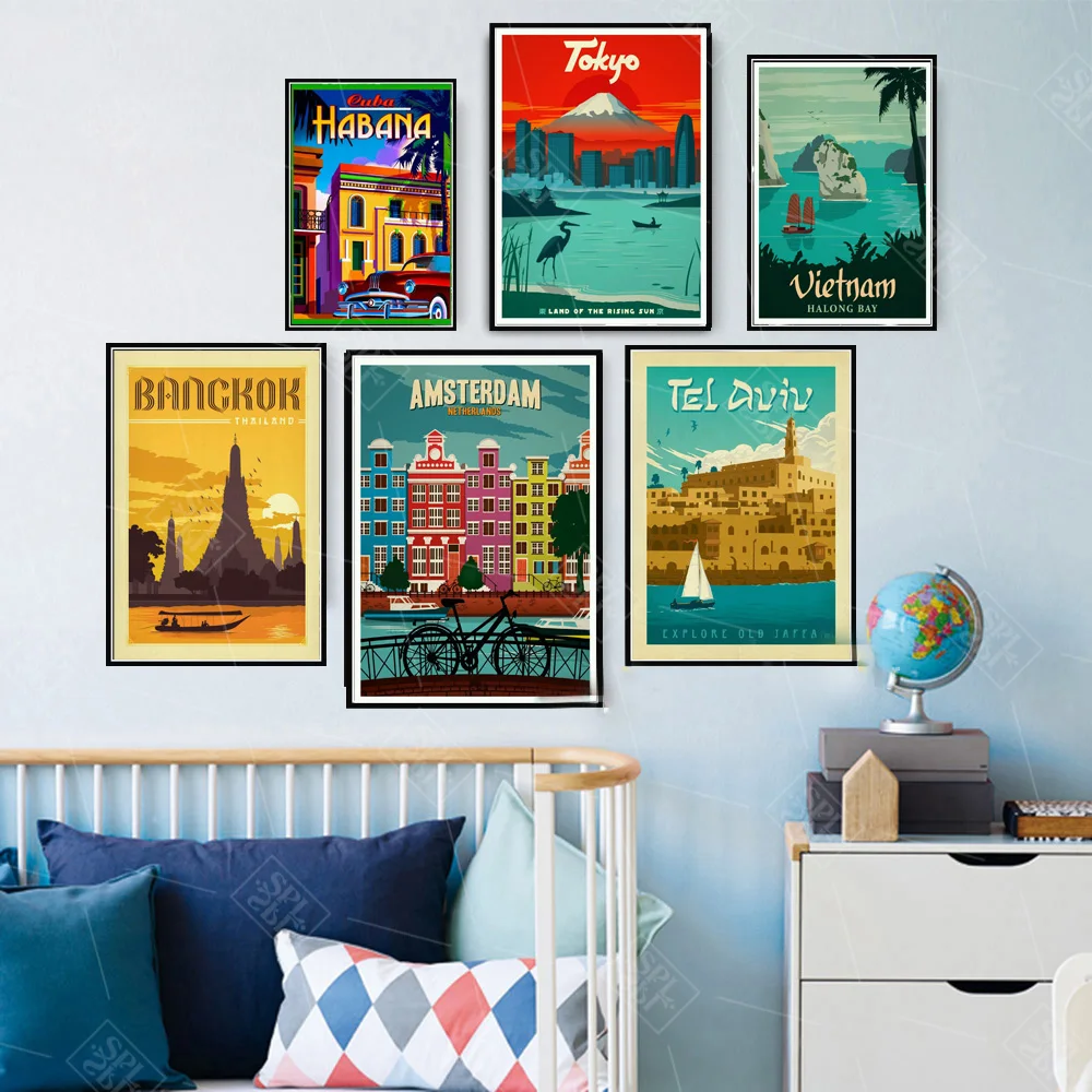 

Bangkok Tel Aviv Europe World City Tour Travel Scenery Vintage Landscape Poster Prints Wall Art Canvas Painting Room Home Decor
