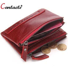 CONTACT’S Genuine Leather Men Wallet Women Luxury Brand Purse Female Card Holder Small Clutch bags coin Purse Money Bag Red