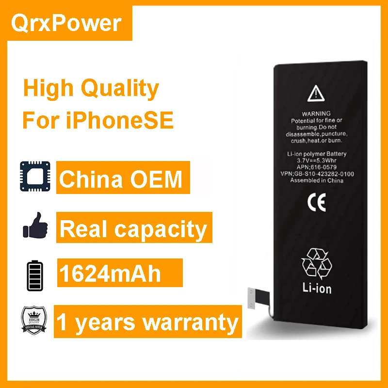 

QrxPower 10 pcs/lot High Quality Battery Real Capacity 1624mAh Replacement Li-ion Battery for iphoneSE 1 year warranty
