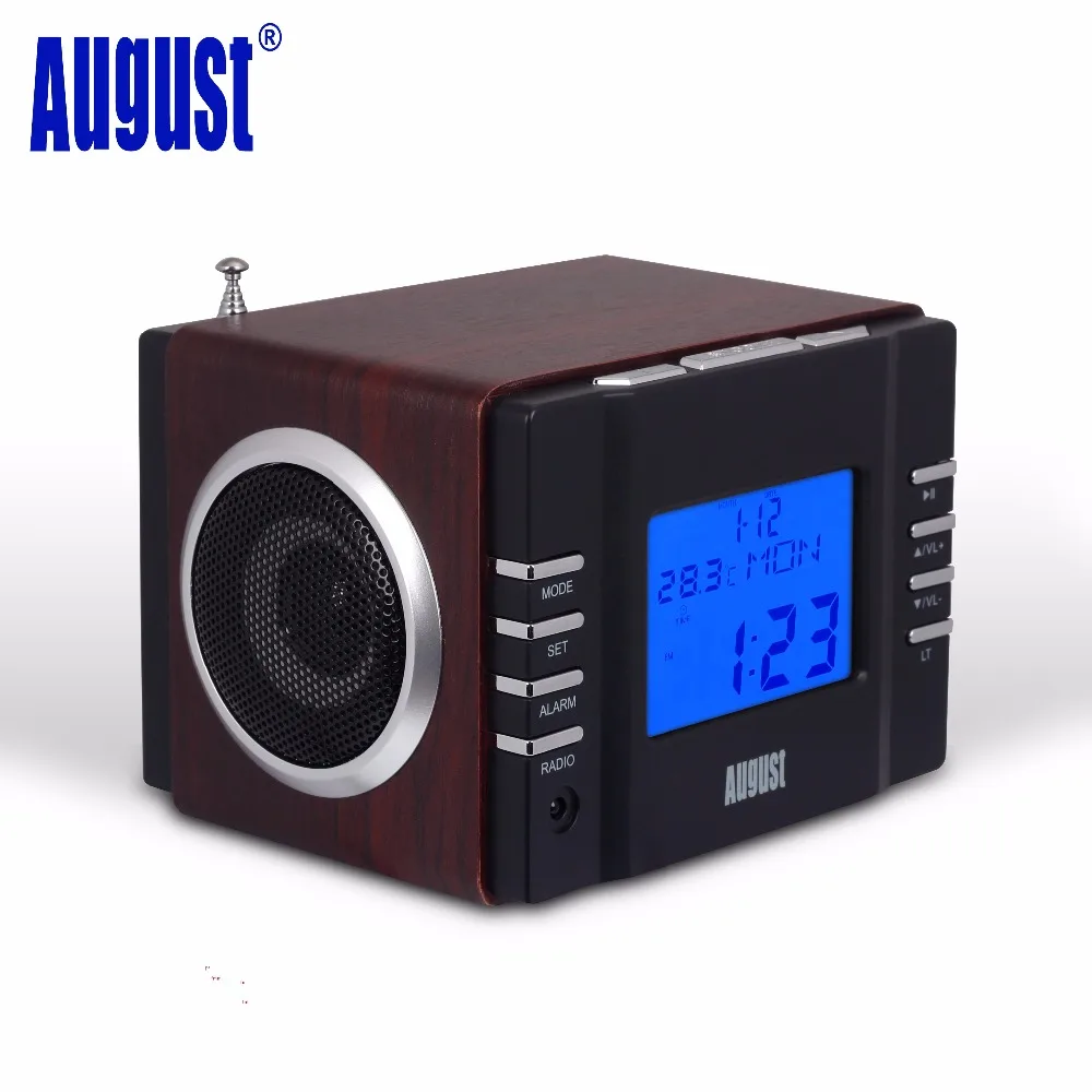 August MB300B деревянная мини стереосистема MP3 и FM радиочасы с SD картридером, разъемами USB и AUX(3.5 мм аудиовход), двумя громкими Hi-Fi динамиками, со встроенным аккумулятором и пультом управления