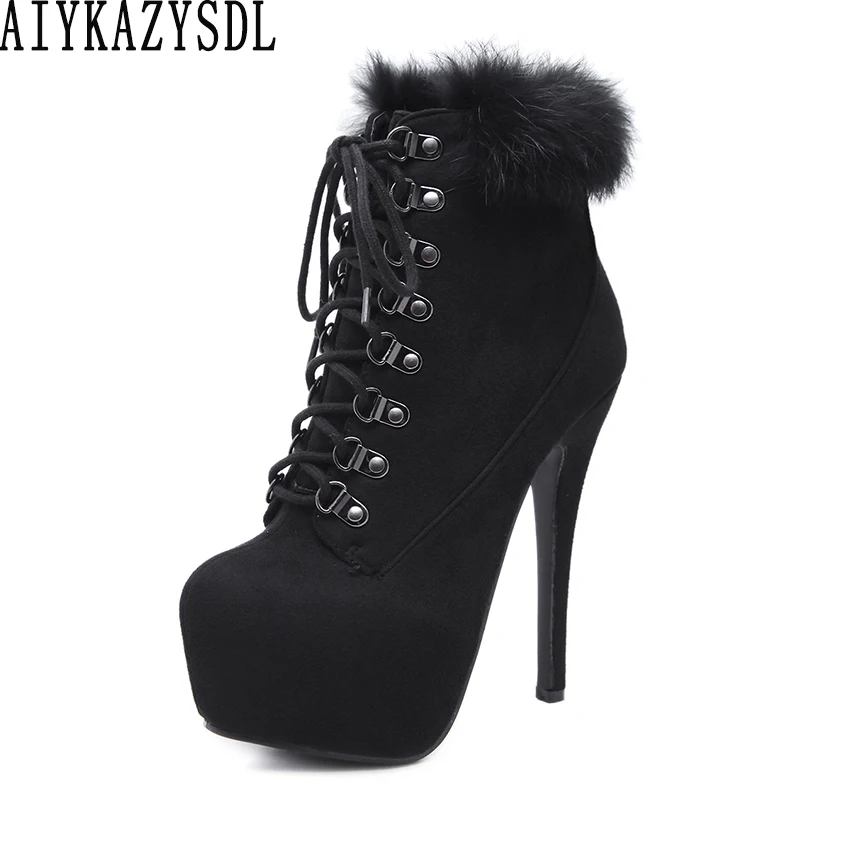 

AIYKAZYSDL Autumn Winter Warm Snow Boots Real Rabbit Fur Plush Ankle Boots Cross Strap Platform Ultra Very High Heel Stilettos