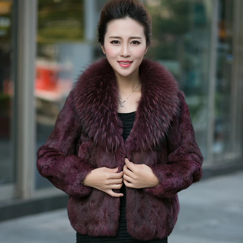 Natural Rabbit Fur Coats Outerwear Elderly Lady Vintage Real Fur