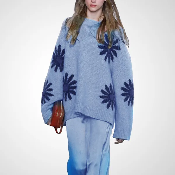 Модный дизайнерский пуловер осень зима утолщение теплый свитер женский элегантный цветочный жаккардовый трикотаж Свободный вязаный джемпер Топы - Цвет: Синий