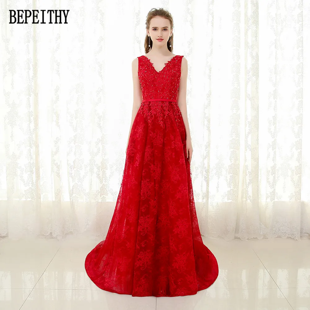 21   BEPEITHY New Arrival Vestido De Festa Robe De Soiree V-Neck Red Lace Appliques Party Elegant A-Line Long Evening Dresses 2017 (1)