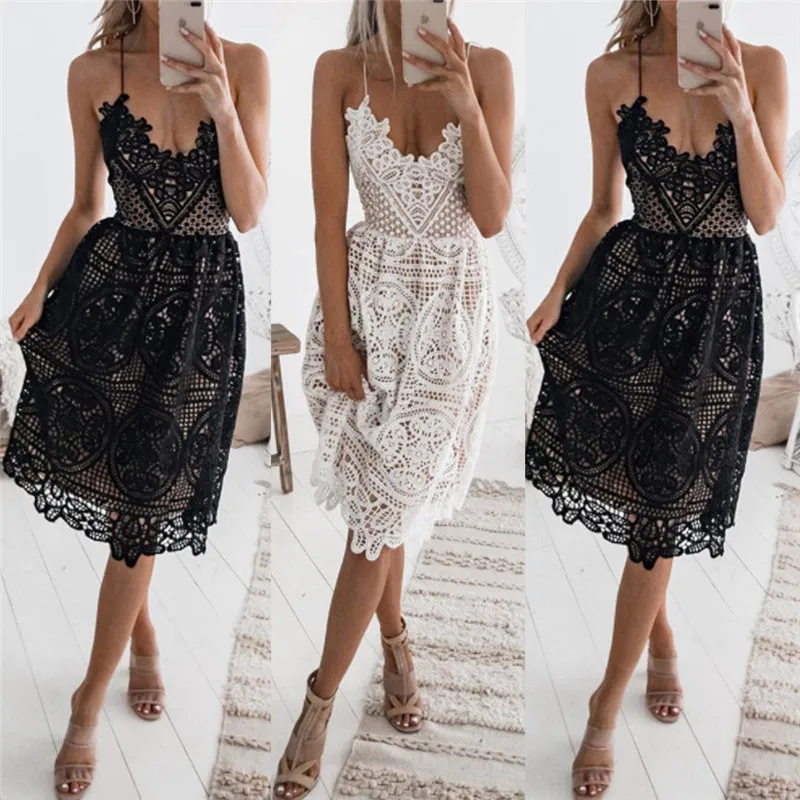 

Summer Women's Lace Crochet Dress 2019 Fashion Lady Sleeveless Suspender Dresses Fashion Evening Party Short Mini Dress Vestidos