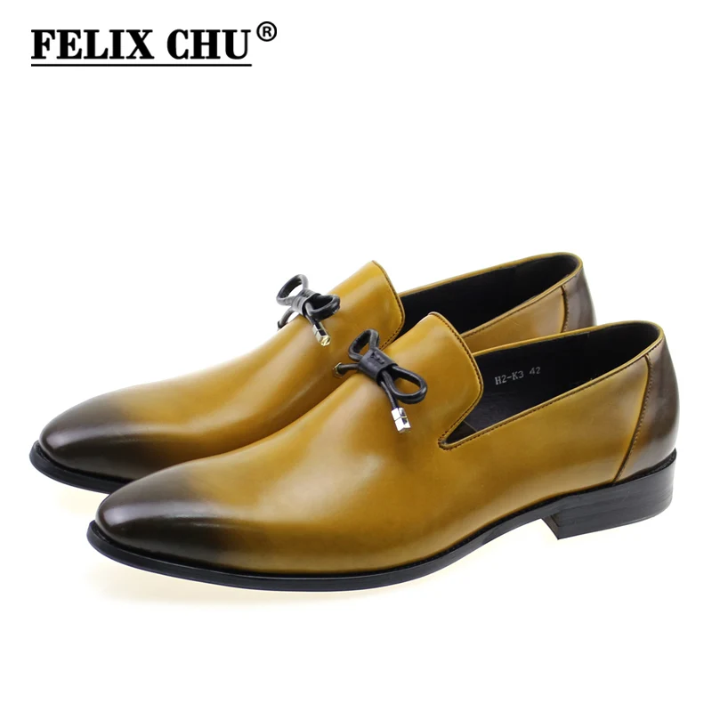 

Big Sale Fashion Pointed Toe Genuine Leather Men Dress Shoes Slip On Wedding Party Male Brown Loafers With Bow Tie #H2-K3