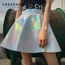 Cheerart Harajuku голографическая юбка женская из искусственной кожи короткая юбка летний костюм Чирлидера мини-юбка с высокой талией