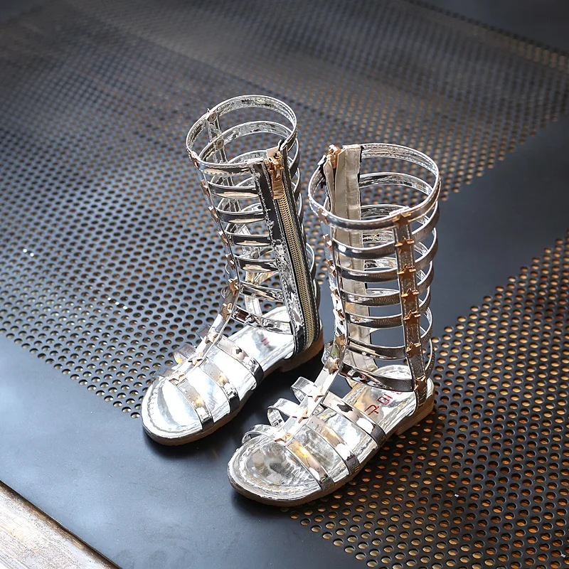 2019 Kids Girl Gladiator Sandals Summer Children's Sandals Korean Girls High-top High Tube Rivets Hollow Roman Shoes Boots