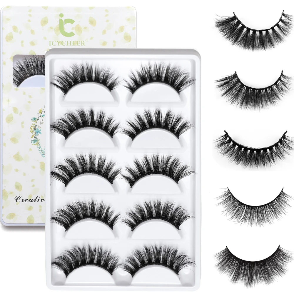 

ICYCHEER 1 Box Mink Eyelashes 5 Pairs 3D Mink Lashes Natural Long False Eyelashes Full Strip Lash Makeup Eyelash Extension