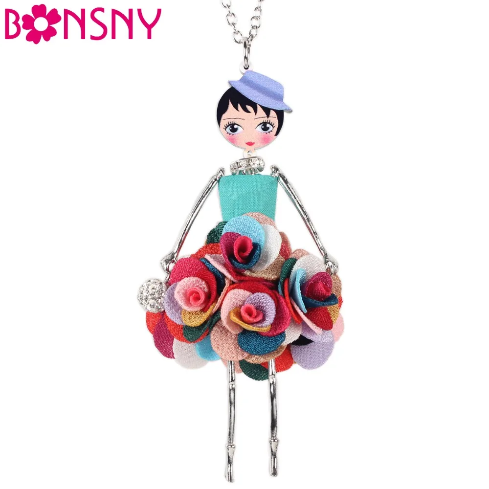

Bonsny Statement Alloy Flower Doll Necklace Dress Handmade French Doll Pendant For Girls Women Gift Novelty Figure Jewelry Party