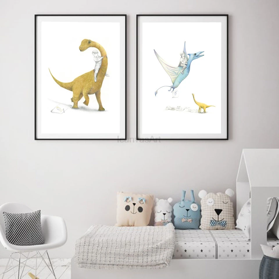 Скандинавские динозавры плакаты с монстром и принтами, настенные художественные картины на холсте, нарисованные летающие прогулки, динозавры, домашний декор, картины для детской комнаты