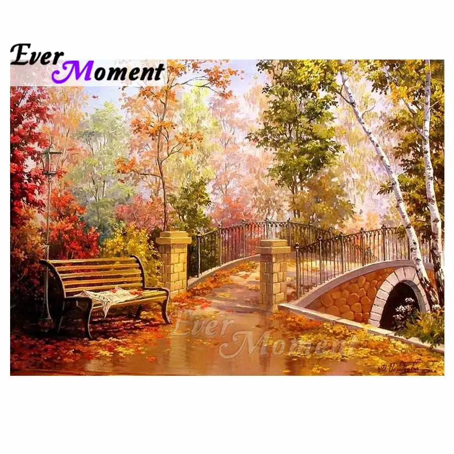 

Ever Moment 5D DIY Diamond Embroidery Bridge Fall Scenery Diamond Mosaic Full Square Drills Artwork Home Decoration ASF1209