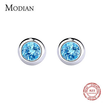 

Modian Popular Real 925 Sterling Silver Round Rock Blue Crystal CZ Stud Earrings For Women Fashion Fine Silver Earring Jewelry