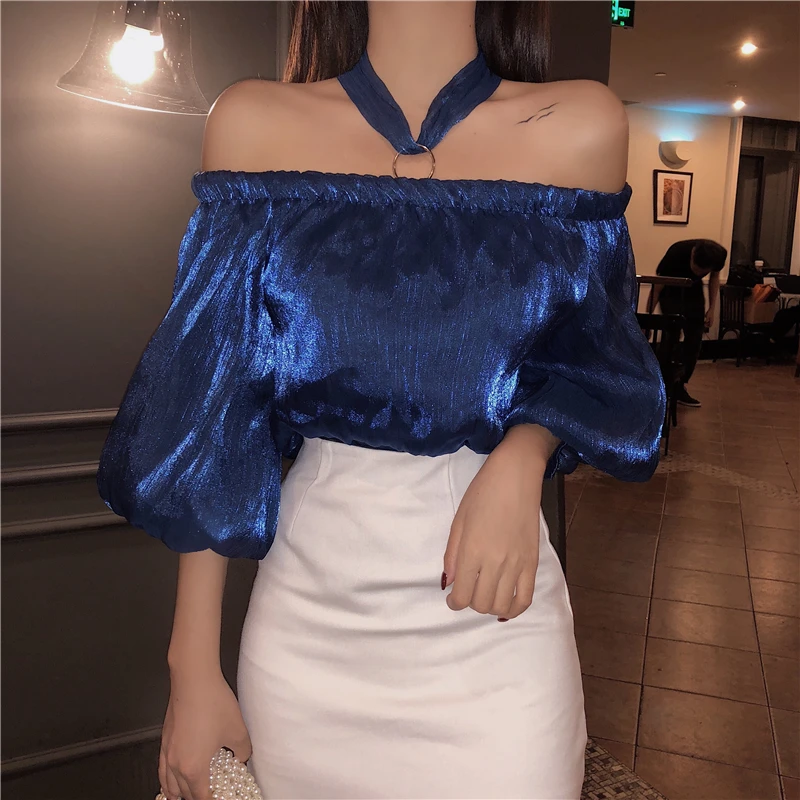 

2019 New Fashion Women Shirts Halter Neck Off Shoulder Lantern Sleeve Shimmer Silky Blouse Sexy Summer Crop Top Camisas Chemises