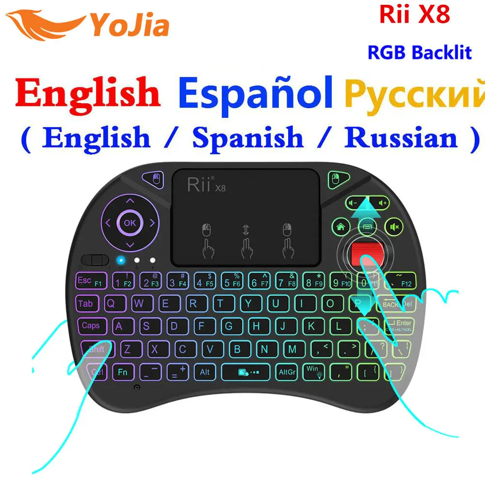 Беспроводная клавиатура 2,4G Fly Air mouse Rii X8(i8x) с RGB подсветкой, русская английская испанская 3 версия i8, клавиатура для Android box pc