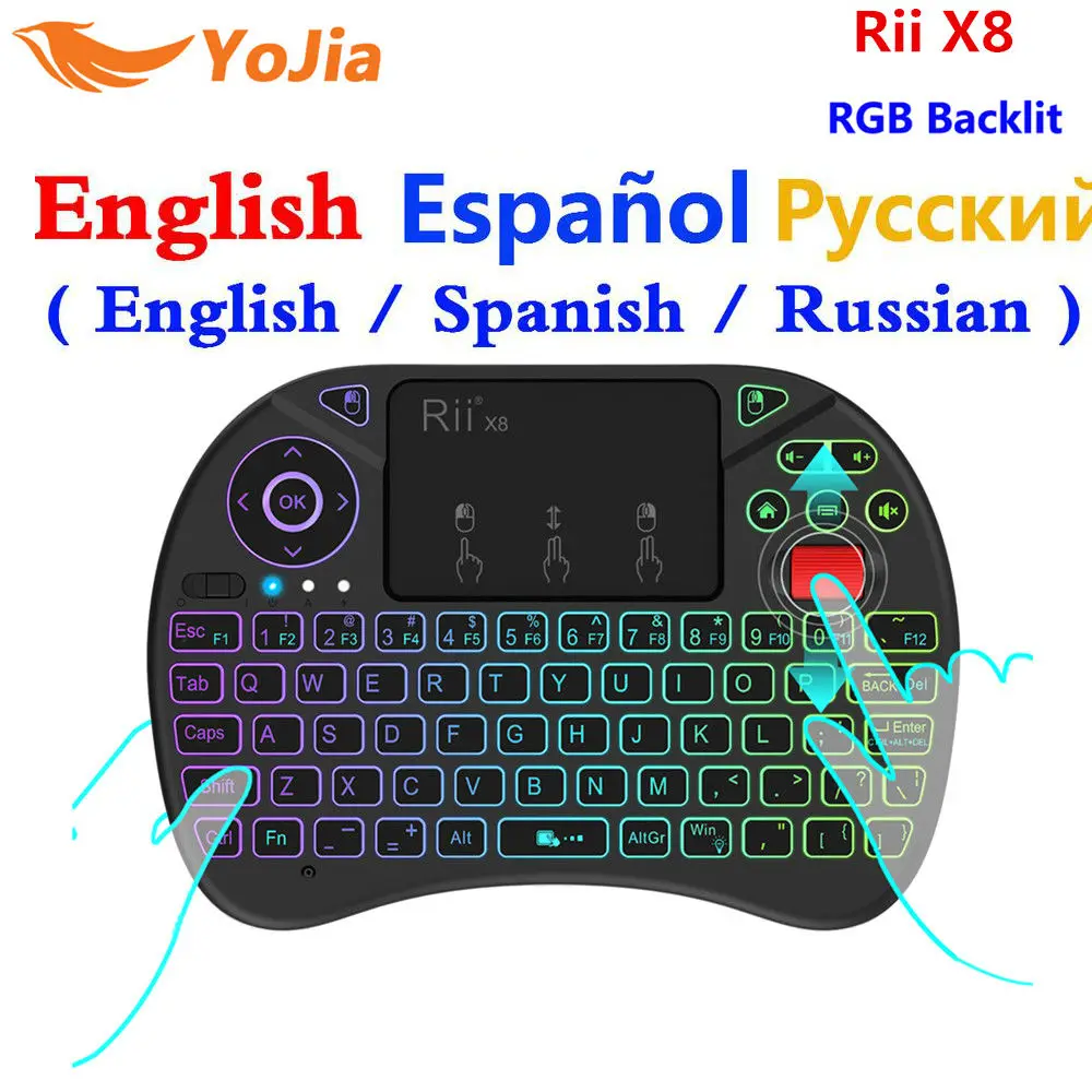 Baratos 2,4G Fly Air Mouse Rii X8 (i8x) RGB teclado inalámbrico retroiluminado ruso inglés español 3 versión i8 teclado para Android box pc