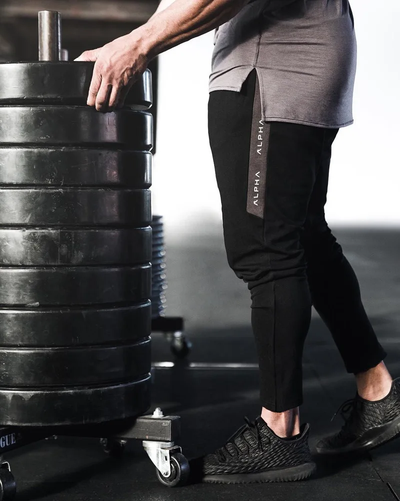

New Alpha Pants Solid Cotton Breathable Gyms Fitness Bodybuilding Pants Patchwork Sweatpants Men Joggers Workout Casual Trousers