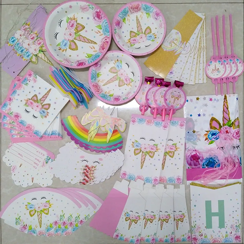 Unicorn Party Kits Pink Unicorn Plate Cup Napkins Cake Toppers For Girl Birthday Party Decorations Baby Shower Garlands Supplies