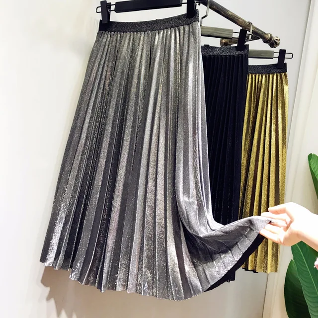 The 2018 vintage shiny pleated skirts bright surface backing the a line ...