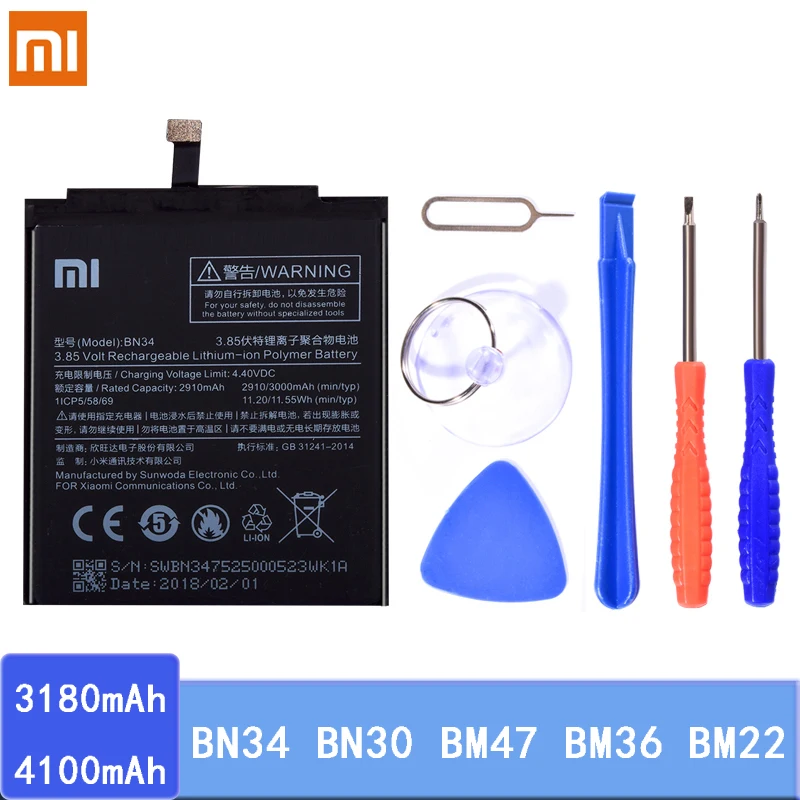 Оригинальный аккумулятор BN34 BN30 BM47 BM36 BM22 для Xiaomi Mi 5 5S Redmi 5A 4A 3 3S 4X 3X сменная литий