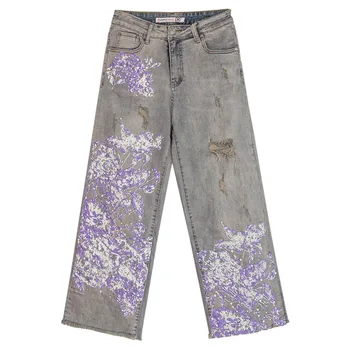 

Spring Fall Casual Womens Printed Beading Pearls Wide Leg Denim Trousers , Vintage Floral Pattern Ankle Length Pants For Woman
