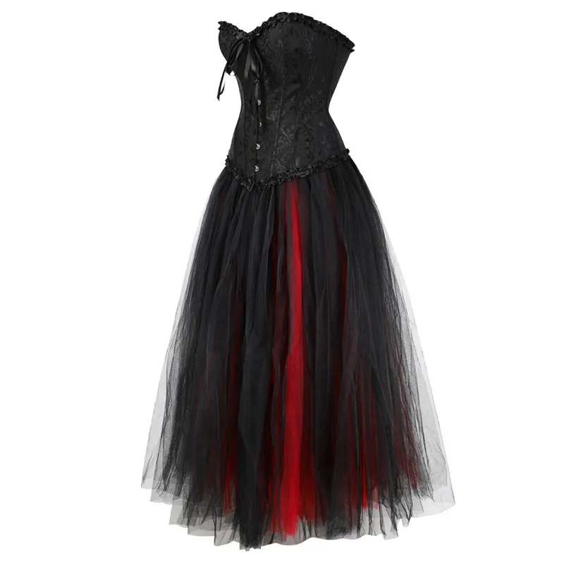 Корсет платье женские длинные юбки для Хэллоуина вечерние костюмы косплей плюс размер шнуровка корсетное нижнее белье Топ с юбка в готическом стиле комплект