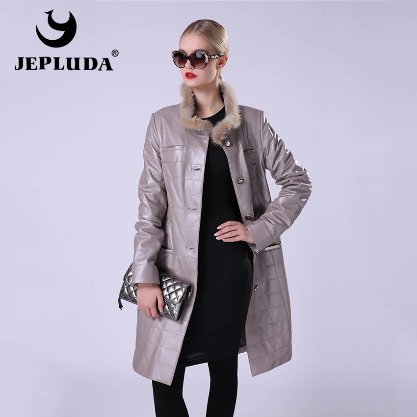 JEPLUDA New Fashion Women's Leather Jacket Of Real Sheepskin Coat Stand Collar Natural Fur Mink Windbreaker|jacket fashion|jacket jacketjacket